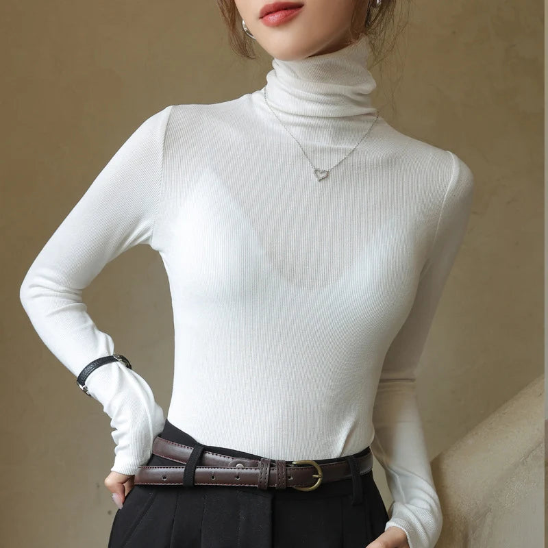Otoño Nuevo cuello alto básico suéteres de punto gama alta sentido temperamento manga larga suéteres moda Slim Fit blusas interiores