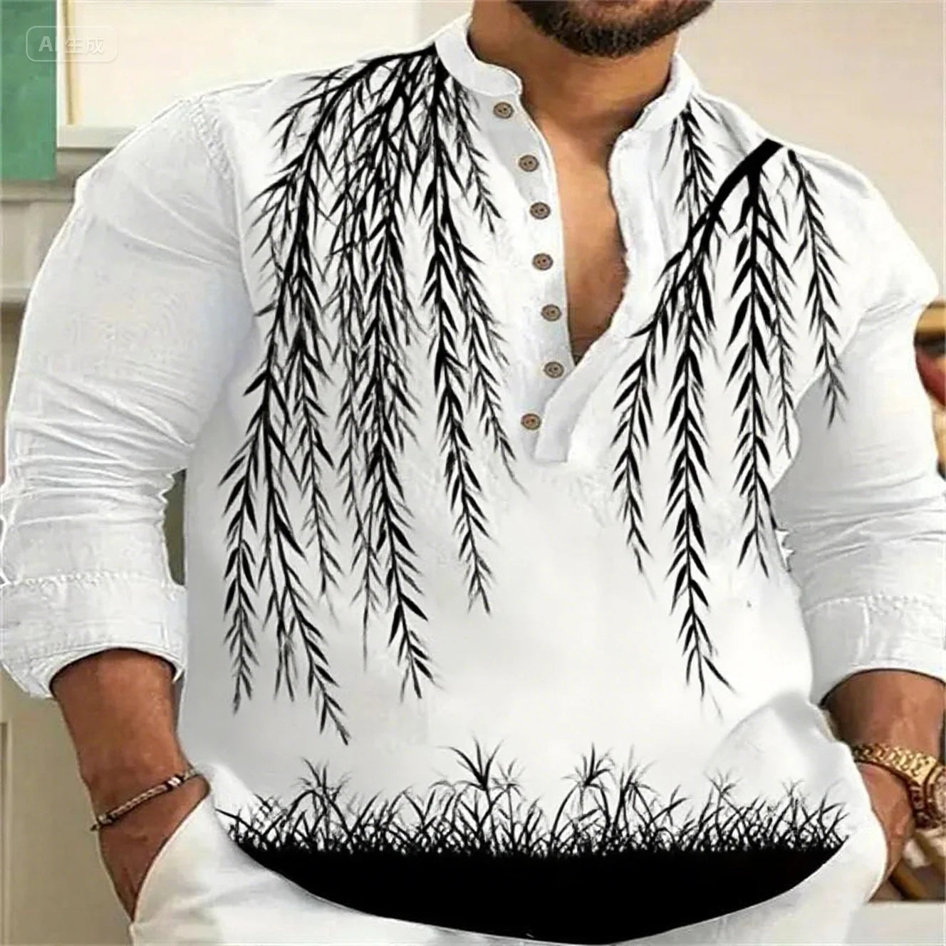 Newest linen long-sleeved simple atmospheric vegetation pattern high-quality casual shirt XS-6XL fast delivery