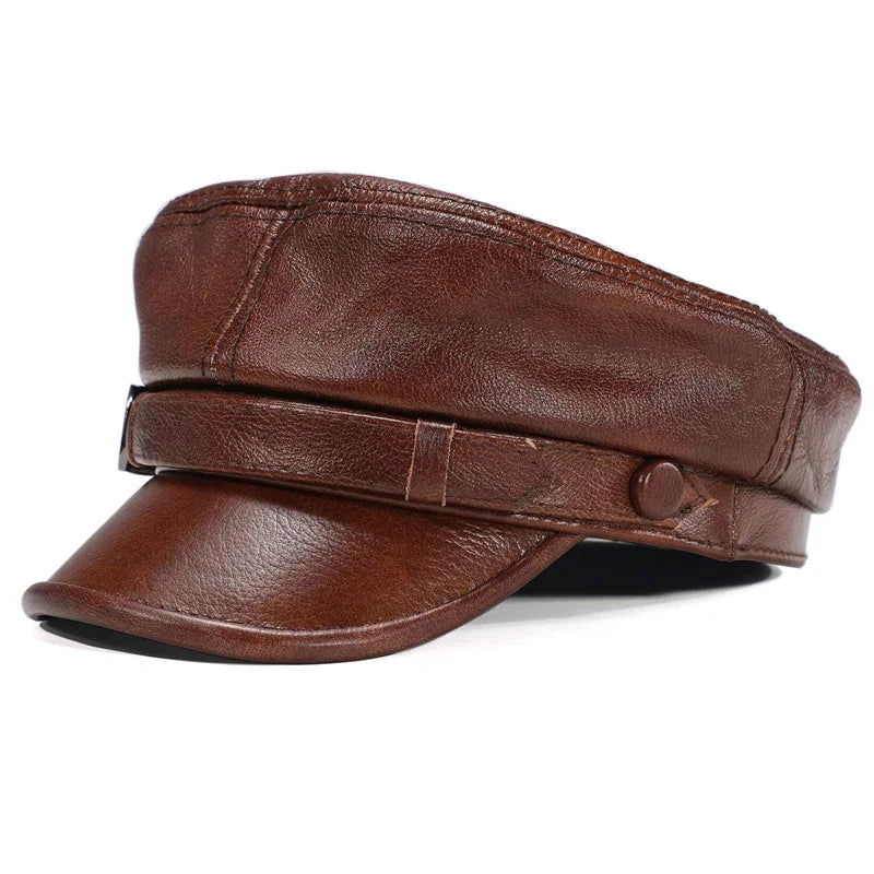 Sombrero de marca de lujo para mujer y hombre, gorras militares negras de cuero auténtico, sombreros planos para estudiantes, gorras de capitán ajustables para otoño e invierno
