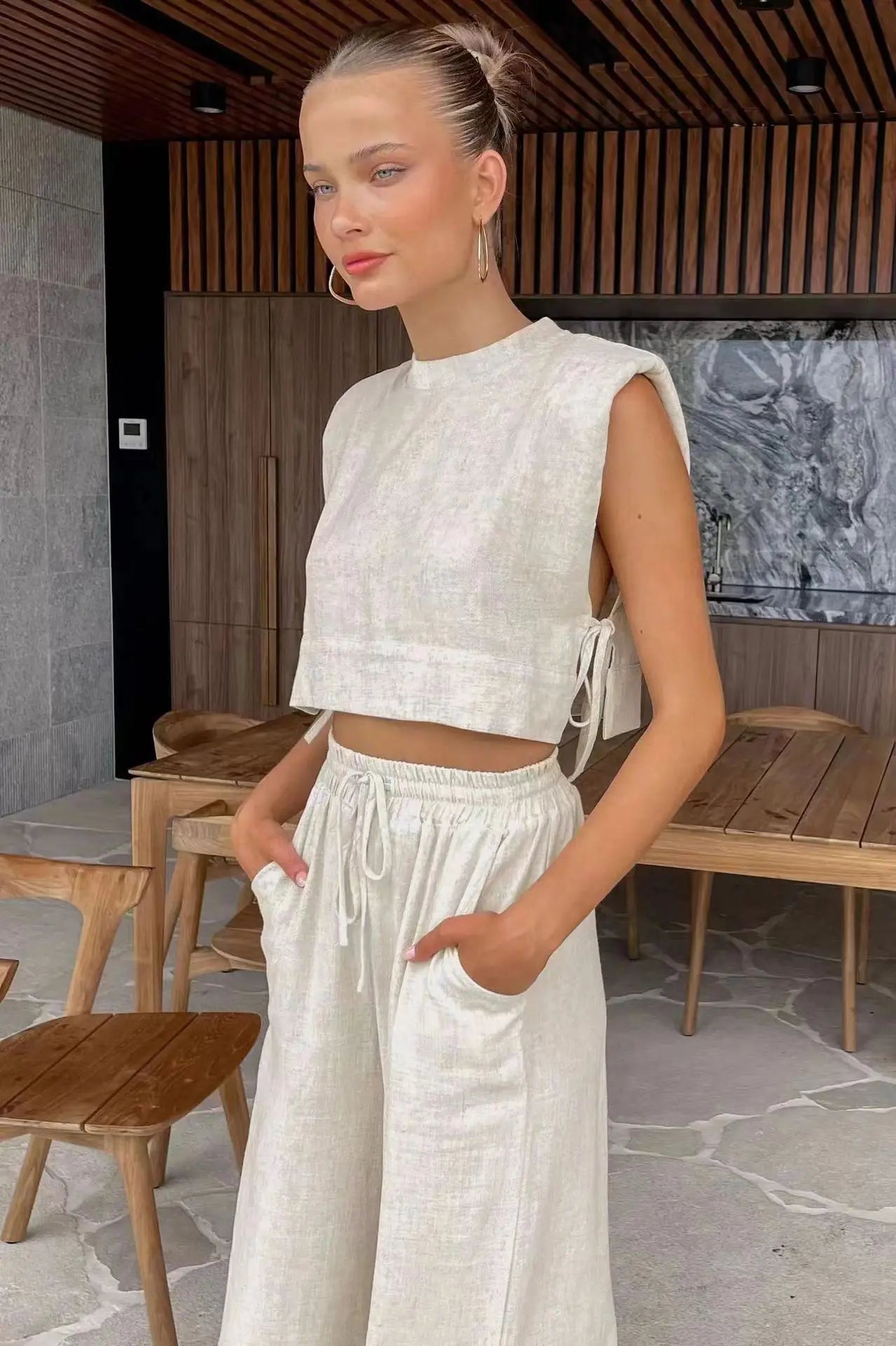 Cotton And Linen Pant Sets Women Sleeveless Leace-up Short Tops Drawstring Long Pants Two Piece Set Commuting 2025 Summer New