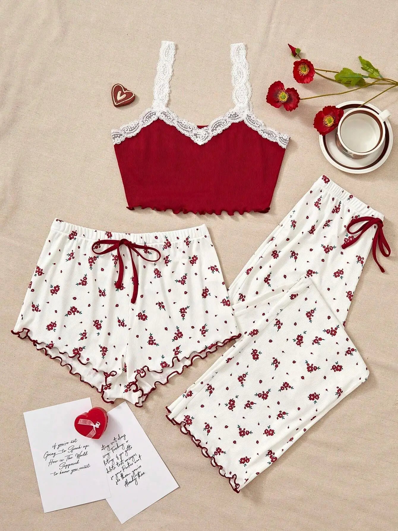 Conjuntos de Pijama para Mujer, Tres Piezas, Top de Tirantes, Estampado, Pantalones Cortos, Pantalones Largos, Trajes Casuales, Ropa de Noche, Ropa de Dormir Dulce para Mujer, Verano