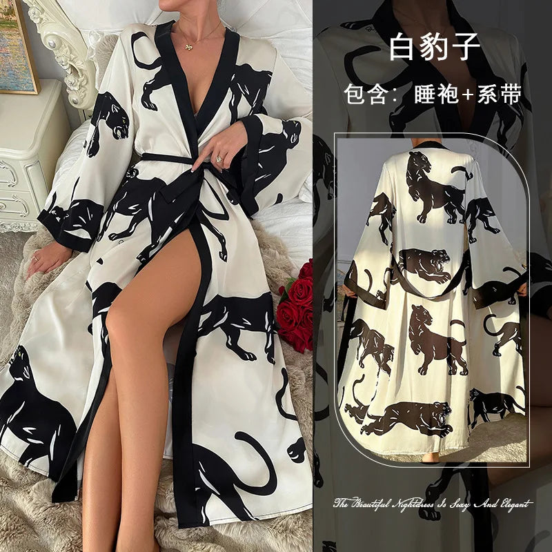 Vestido de fiesta de boda, moda, estampado, bata, ropa de mujer, camisón suelto de seda satinada, manga larga, bata de baño para mujer