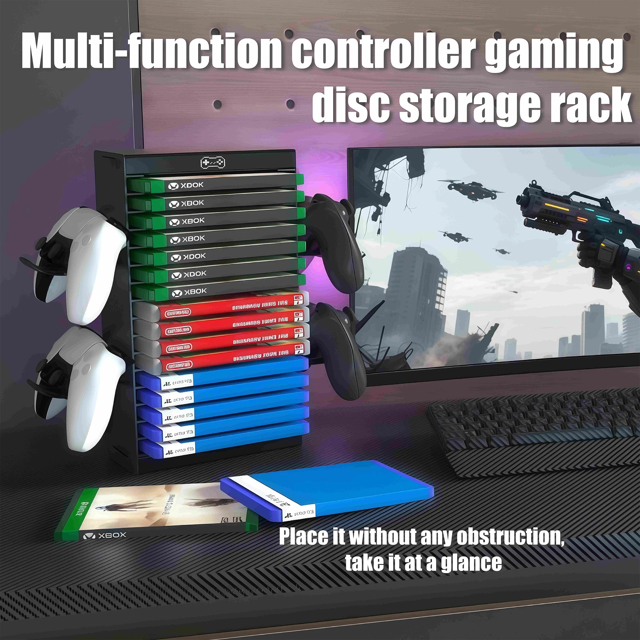 Oppbevaringsstativ for videospill til PS5/PS4/PS3/Xbox-serien S og X/Xbox One-spill, med 4 kroker, spillkontrollerholder