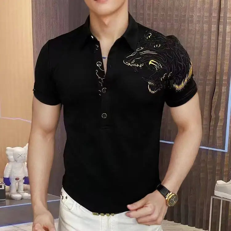 Polo bordado de lujo para hombre, corte ajustado de alta gama, camiseta informal de negocios y social, camiseta versátil con solapa, estilo urbano