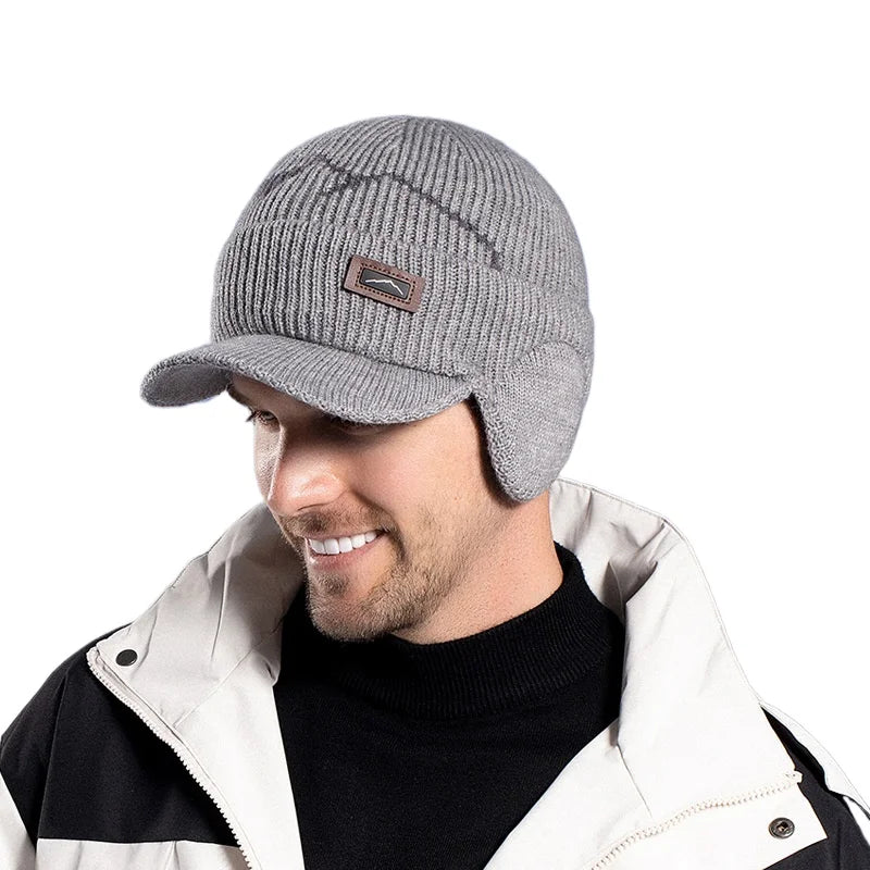 Men's Thermal Cycling Cap with Ear Flaps Winter Fleece Lined Knit Hat for Cold Weather Outdoor Bike Riding