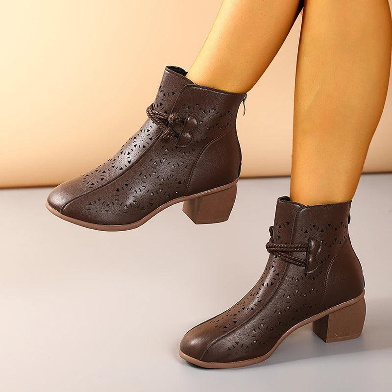 Women’s Hollow-Out Ankle Boots – Retro Mid-Heel Soft Sole Shoes