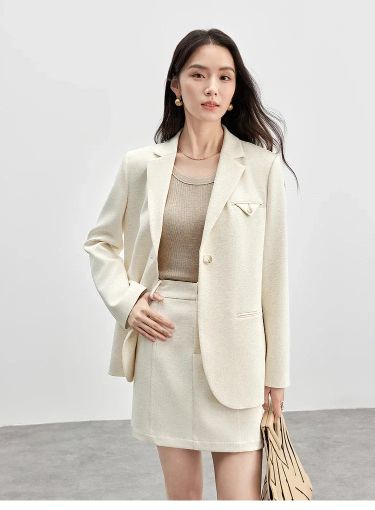 SENTUBILA Trajes de falda para mujer, mezcla de lino, hombreras, blazer de un solo botón, faldas mini sólidas y elegantes, conjuntos de dos piezas 151Z58181