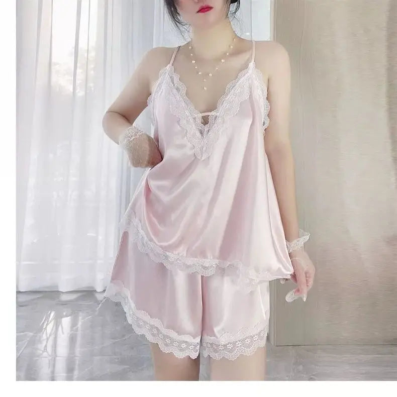 Conjuntos de pijama Y2K para mujer, ropa de hogar sexy de verano, talla grande, de seda fresca, suelta, elegante, con cuello en V y encaje, conjunto de dos piezas