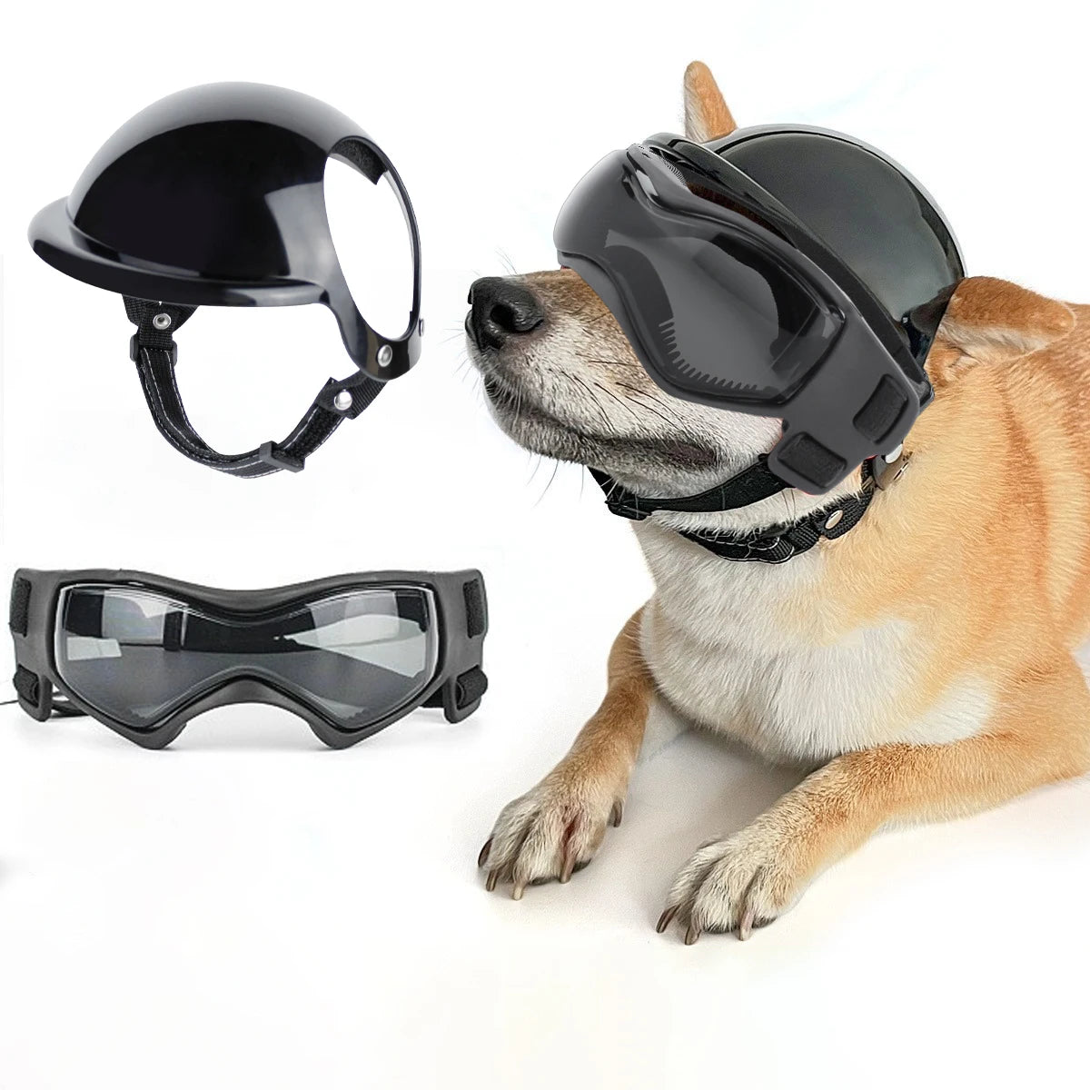 Protective Dog Helmet & Goggles Set for Biking, Outdoor Safety Gear - ABS Impact Resistant & Windproof PC Lens