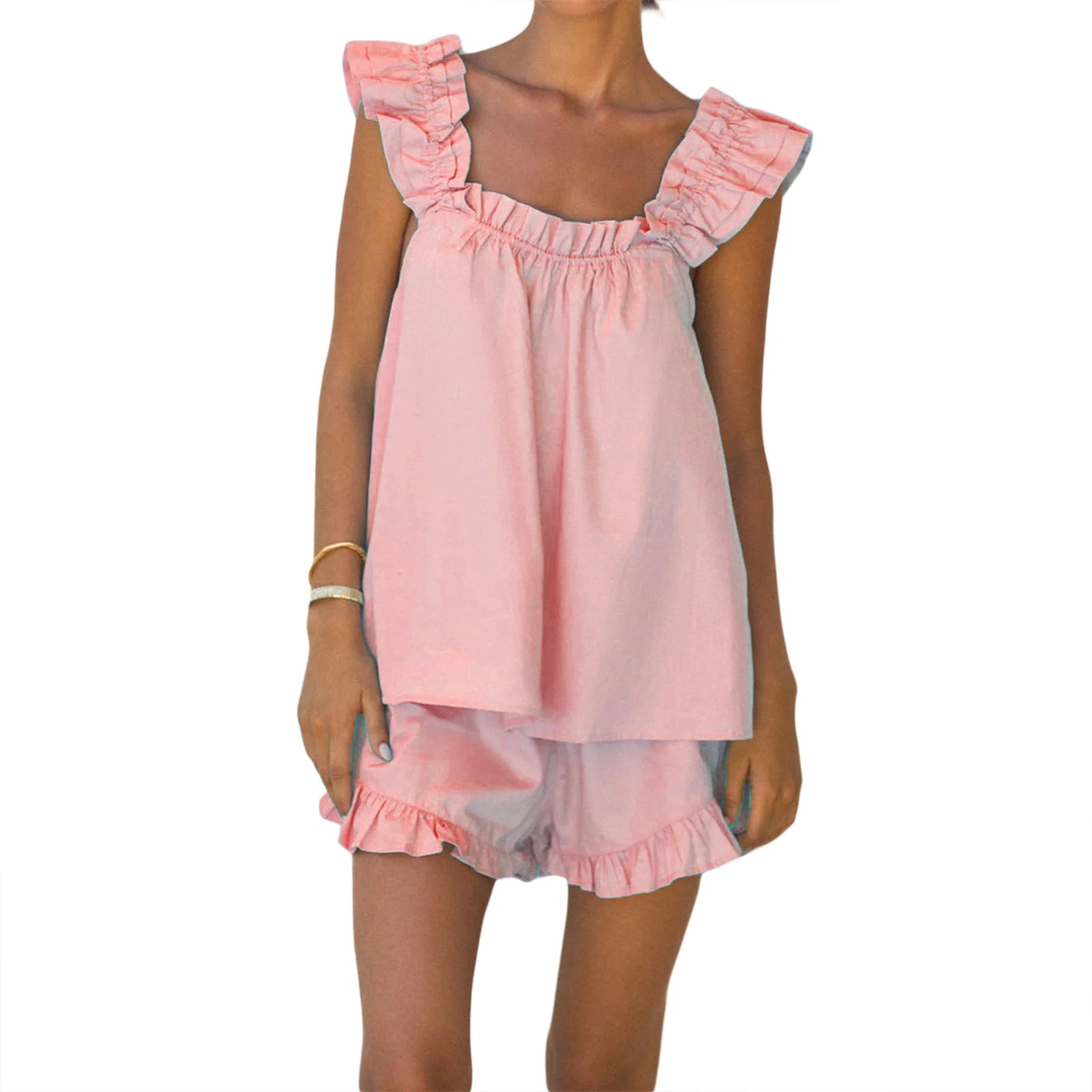 Conjuntos de Pijama para Mujer de Verano de 2 Piezas, Pijama de Mujer, Chaleco sin Mangas sin Espalda + Pantalones Cortos con Volantes de Color Liso