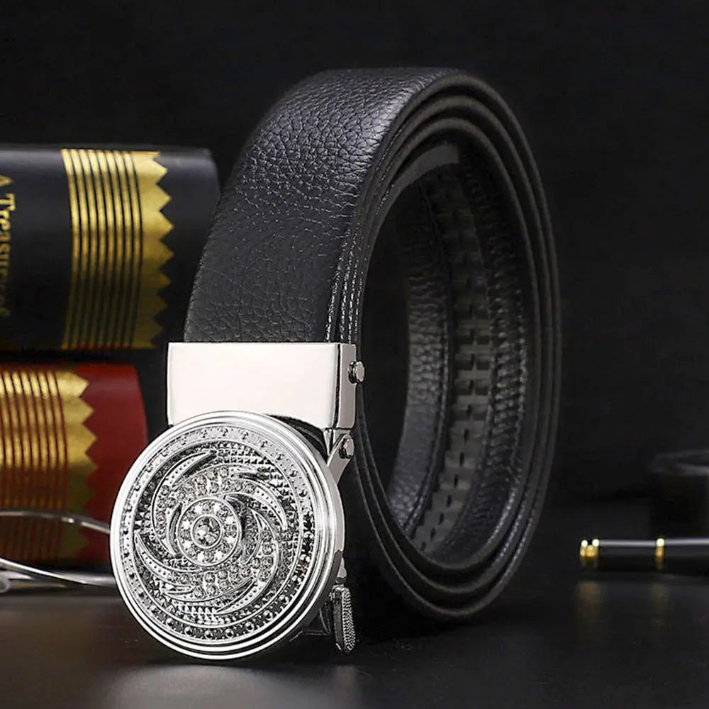 Cinturón de cuero de lujo automático para hombre – Hebilla dorada con pedrería