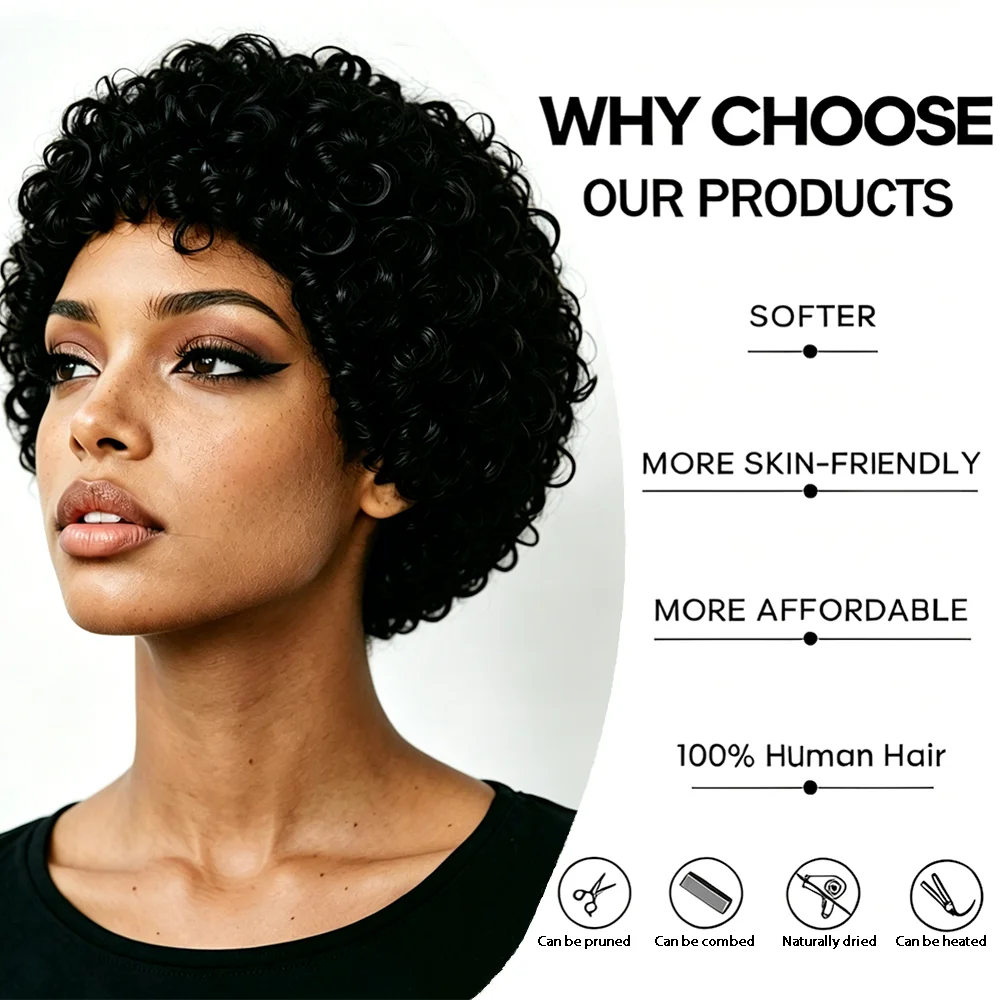 4Inches Short Pixie Cut Wig Human Hair For Black Women Afro Kinky Curly Wig African Curly 180% Density Full Machine Made Wig