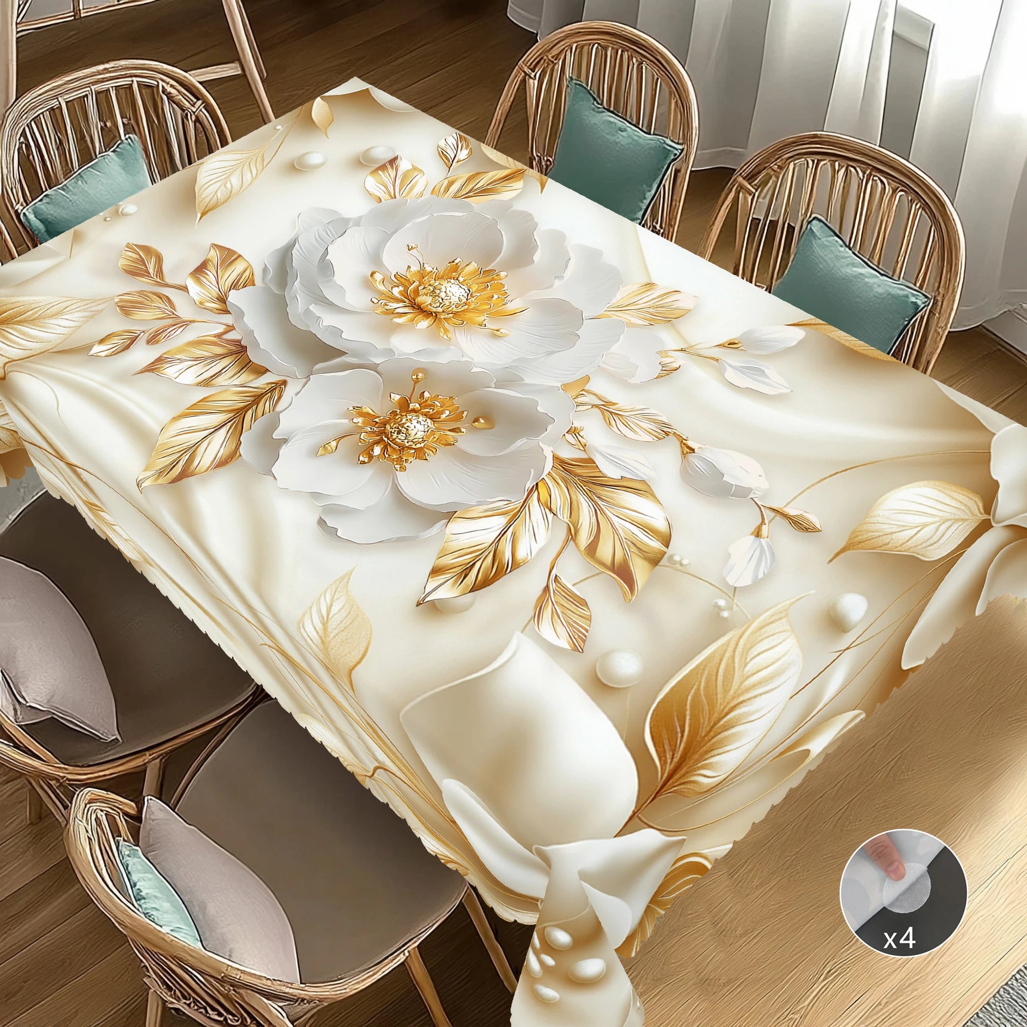Mantel de tela con estampado floral 3D dorado – Elegante decoración floral para fiestas y hogar