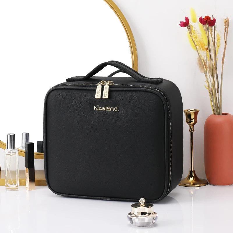 Bolsa de maquillaje, neceser de viaje de gran capacidad, impermeable, organizador de cosméticos con compartimento para brochas de maquillaje y asa para mujer