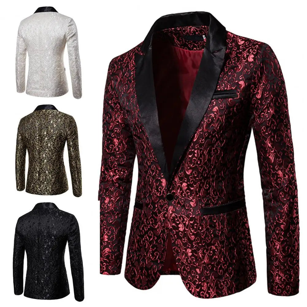 Chaqueta de hombre de lujo con jacquard, un botón, corte ajustado, cuello vuelto, de alta calidad, para bodas y banquetes