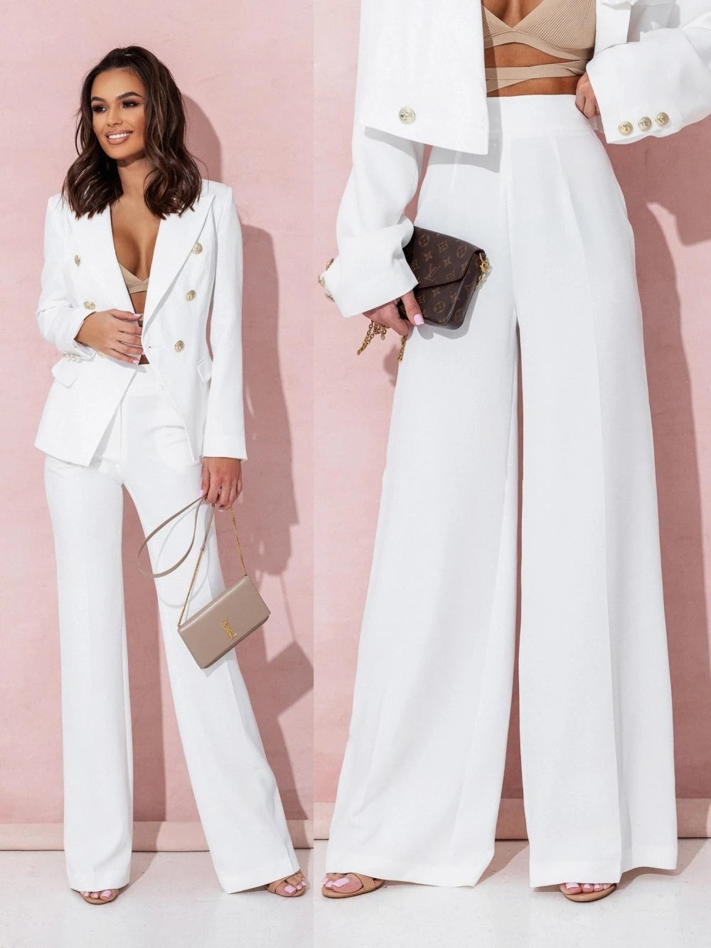 Hot salg 2-delte buksedresser for kvinner Cropped Blazerjakker og høylivede rette benbukser Sett med uformelle forretningsantrekk