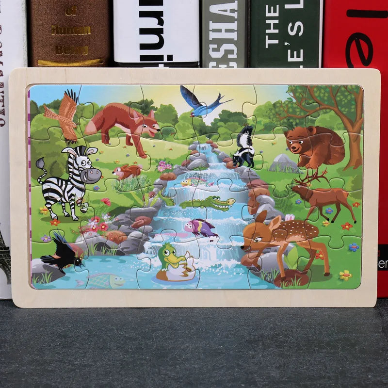 Rompecabezas de madera de 24 piezas para niños, diseño de animales de dibujos animados, juguete educativo temprano de madera para niños, regalo