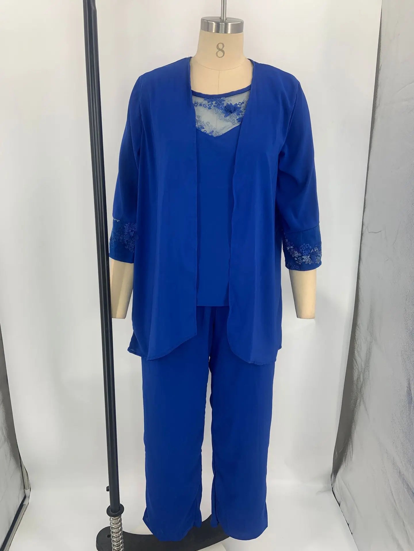 Conjuntos elegantes de pantalones para mujer, traje formal de oficina, tallas grandes, gasa, encaje, pantalones rectos, cárdigan, tops, conjuntos de 3 piezas para mujer