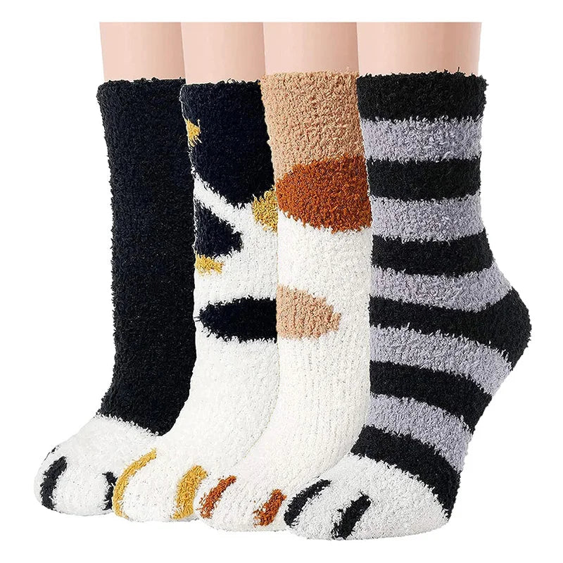 4 Pairs Women Cat Paw Fuzzy Socks Winter Warm Soft Fluffy Funny Socks Cute Animal Fashion Slipper Home Floor Sleeping Socks
