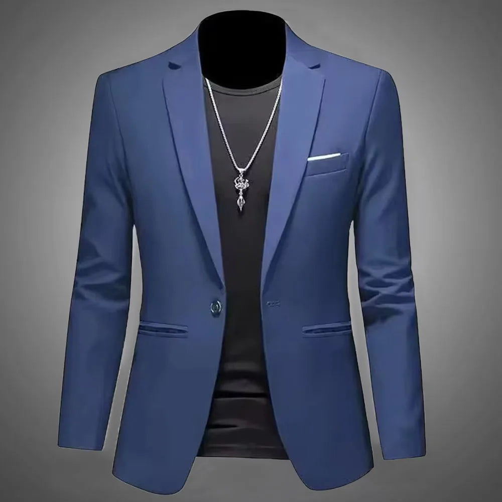 Chaqueta tipo traje boutique de ocio de moda para hombres, informal de otoño, corte ajustado, sin planchado, con un solo botón, color liso, blusa formal