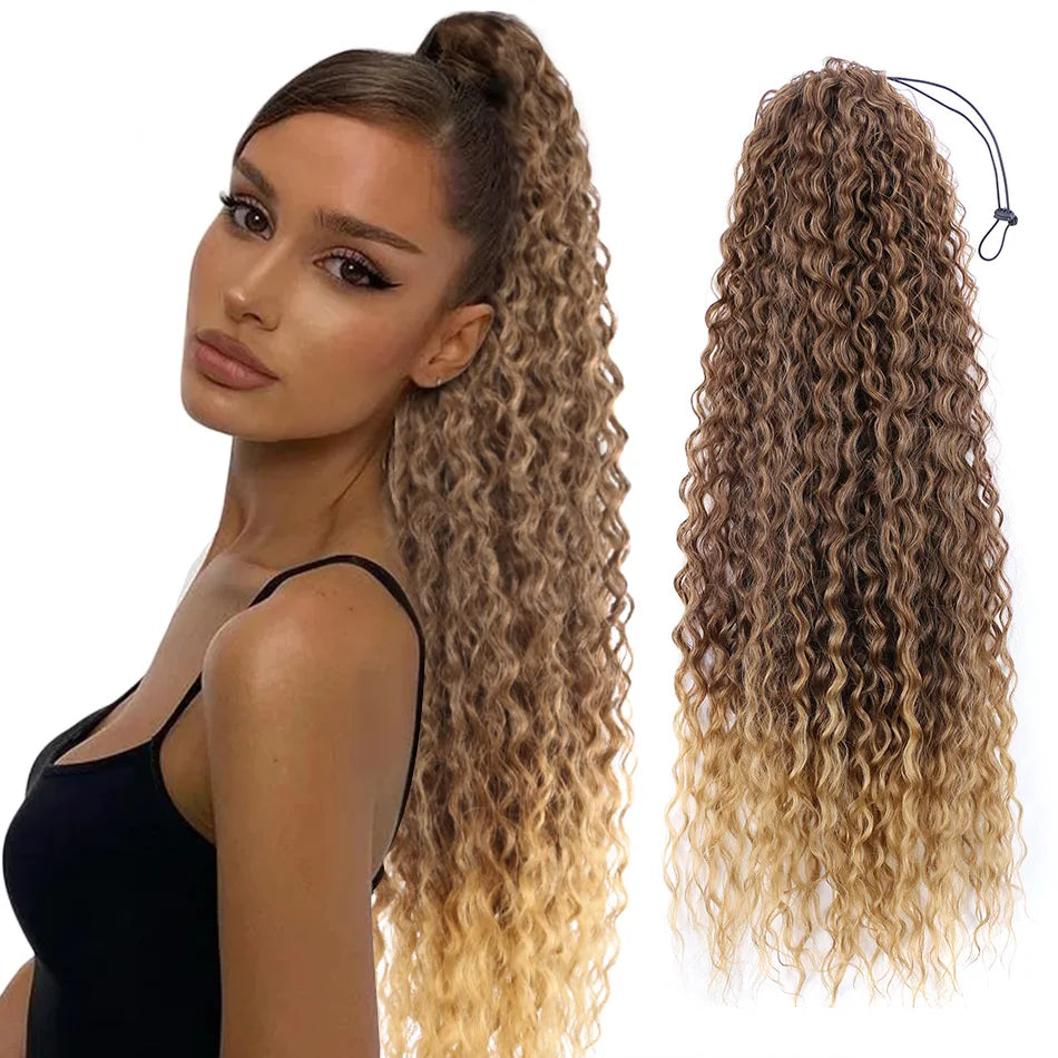 Curly Ponytail Extensions Clip in Synthetic Drawstring Ponytail Wig Long 32Inch Water Wave Afro Pony Tail Women Hairpiece False