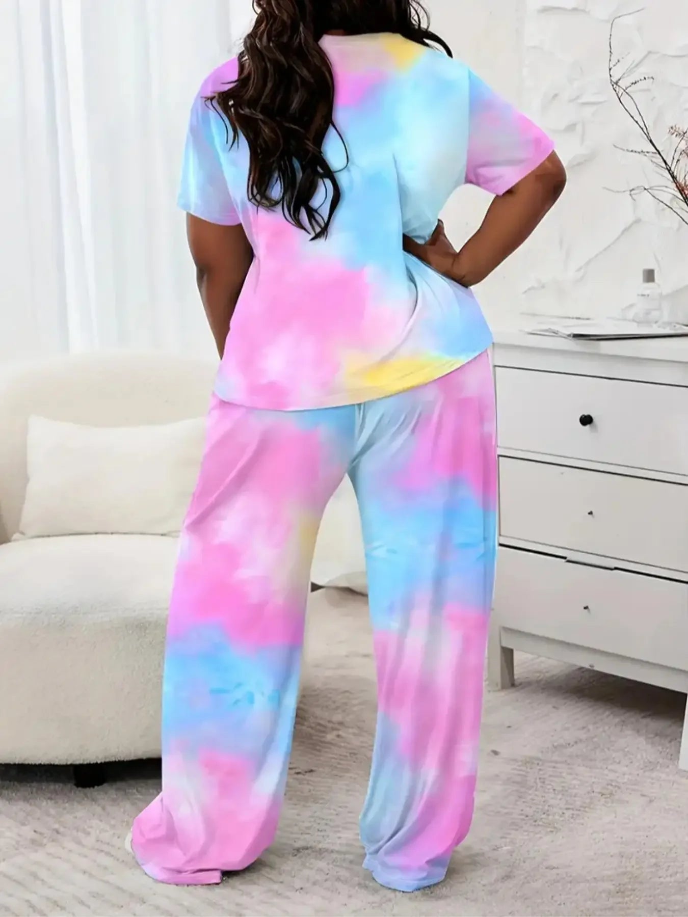 Women's Fashion Plus Size Print Top and Long Pants Sets Ladies Casual Round Neck Short Sleeve T-shirt + Pants Home Two-piece Set