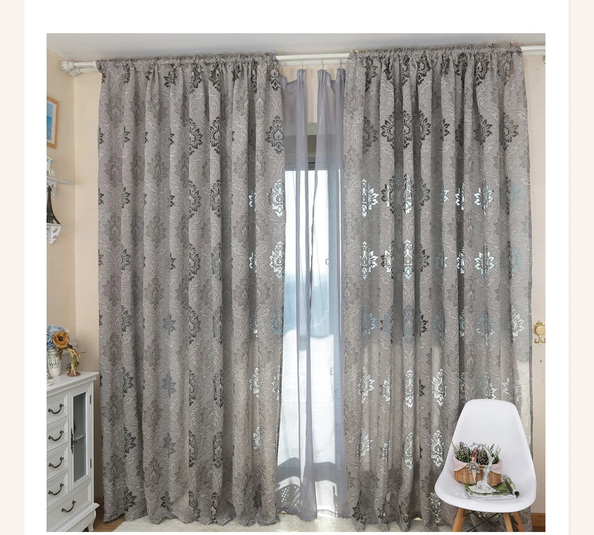 1PC Cortina Jacquard Estilo Europeo Gris para Ventanas, Cortinas Opacas de 20-40% para Dormitorio, Sala de Estar, Decoración del Hogar