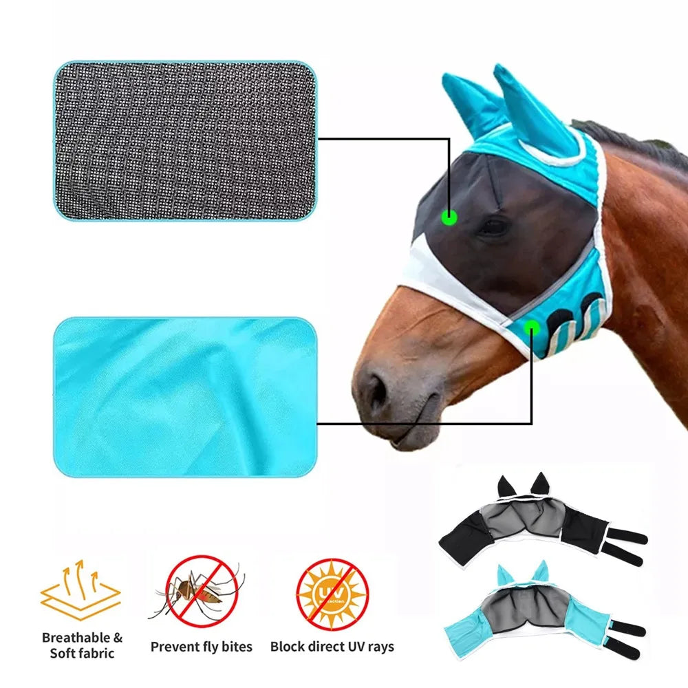 Capucha antimosquitos para caballos, máscara de caballo transpirable de varios tamaños, adecuada para caballos pequeños, medianos y grandes, pegada para evitar mosquitos