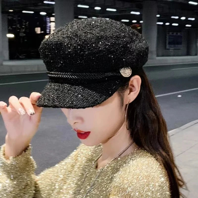 Moda Mujer Hombre Gorra Militar Primavera Otoño Gorras Marineras Negras Boina para Mujer Gorra Plana de Capitán Viaje Sombrero Octagonal Cadete
