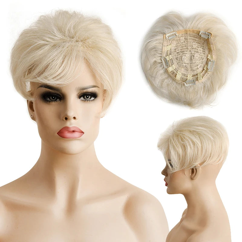Synthetic Hair Topper Pieces for Thinning Hair Natural Curly Texture 6 Inch Short Pixie Cut Toppers Hair Wigs for Women