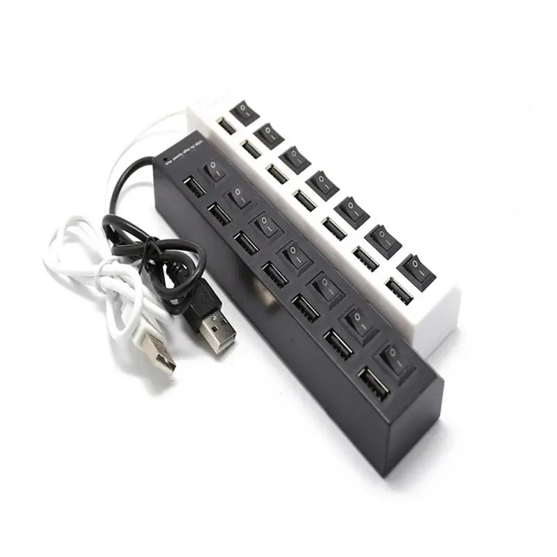 Concentrador USB 2.0 Splitter, Hub de datos USB de 7 puertos con interruptores individuales de encendido/apagado y luces para computadora portátil, PC, computadora, negro, blanco