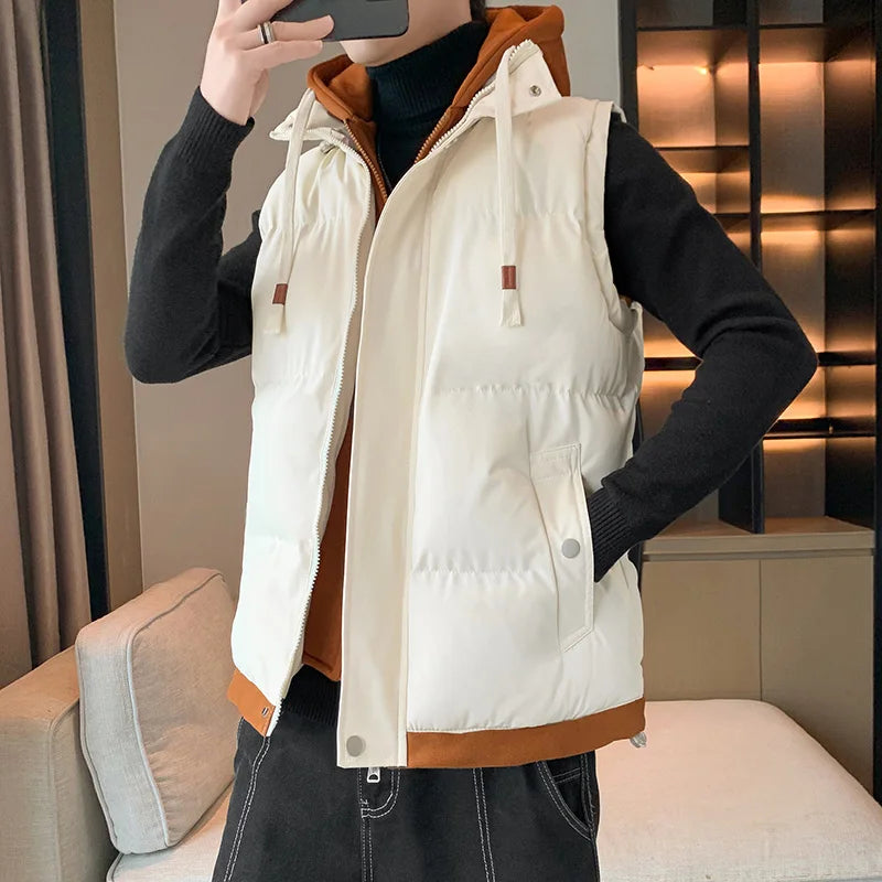 Chaleco cortavientos con capucha para hombre, chaqueta sin mangas, chaqueta de invierno, abrigo informal, chaleco grueso de algodón y plumón para hombre, abrigo grueso