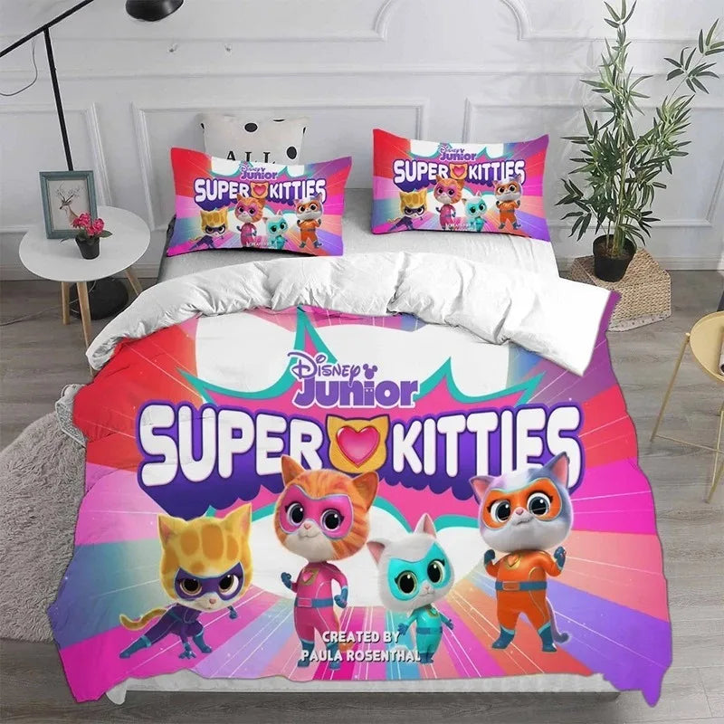 Juego de ropa de cama de Super Kitties Kittydale, juego de accesorios de cama de gato de dibujos animados, juego de funda nórdica para niños, juego de edredón, regalos de cumpleaños