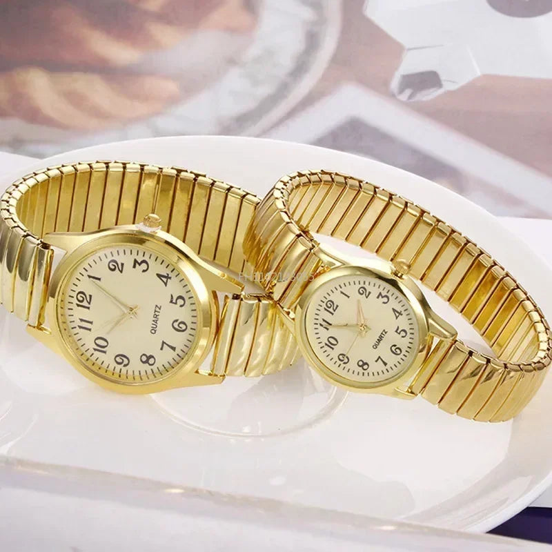 Relojes de pulsera para hombre y mujer, correa de acero inoxidable, aleación, para amantes, movimiento de cuarzo, correa elástica