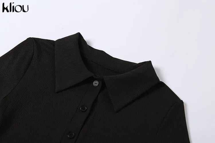 Kliou Elegante Vestido Largo de Oficina para Mujer Color Liso Cuello Vuelto Manga Corta Botones Abertura Lateral Moldeador de Cuerpo Estilo Urbano