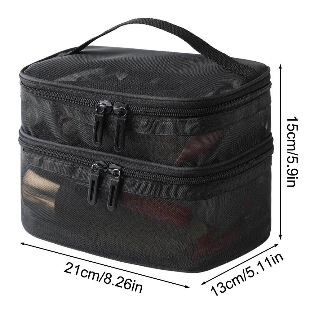 Trousse de maquillage en maille double couche, trousse de toilette, sac de rangement portable grande capacité pour femme, sac de rangement pour cosmétiques