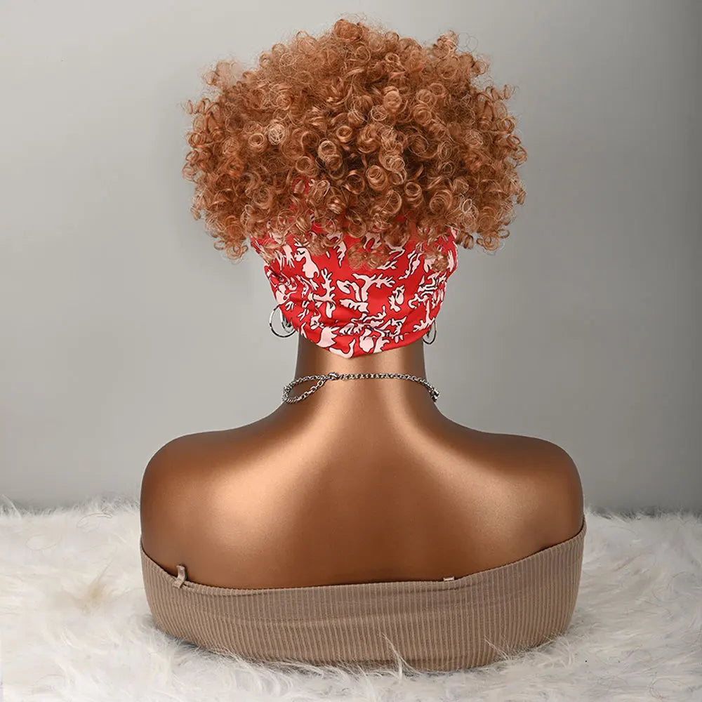 Peluca de diadema rizada corta y rizada para mujeres africanas, peluca de bufanda sintética rizada afro de color jengibre marrón con estampado, peluca de pañuelo.