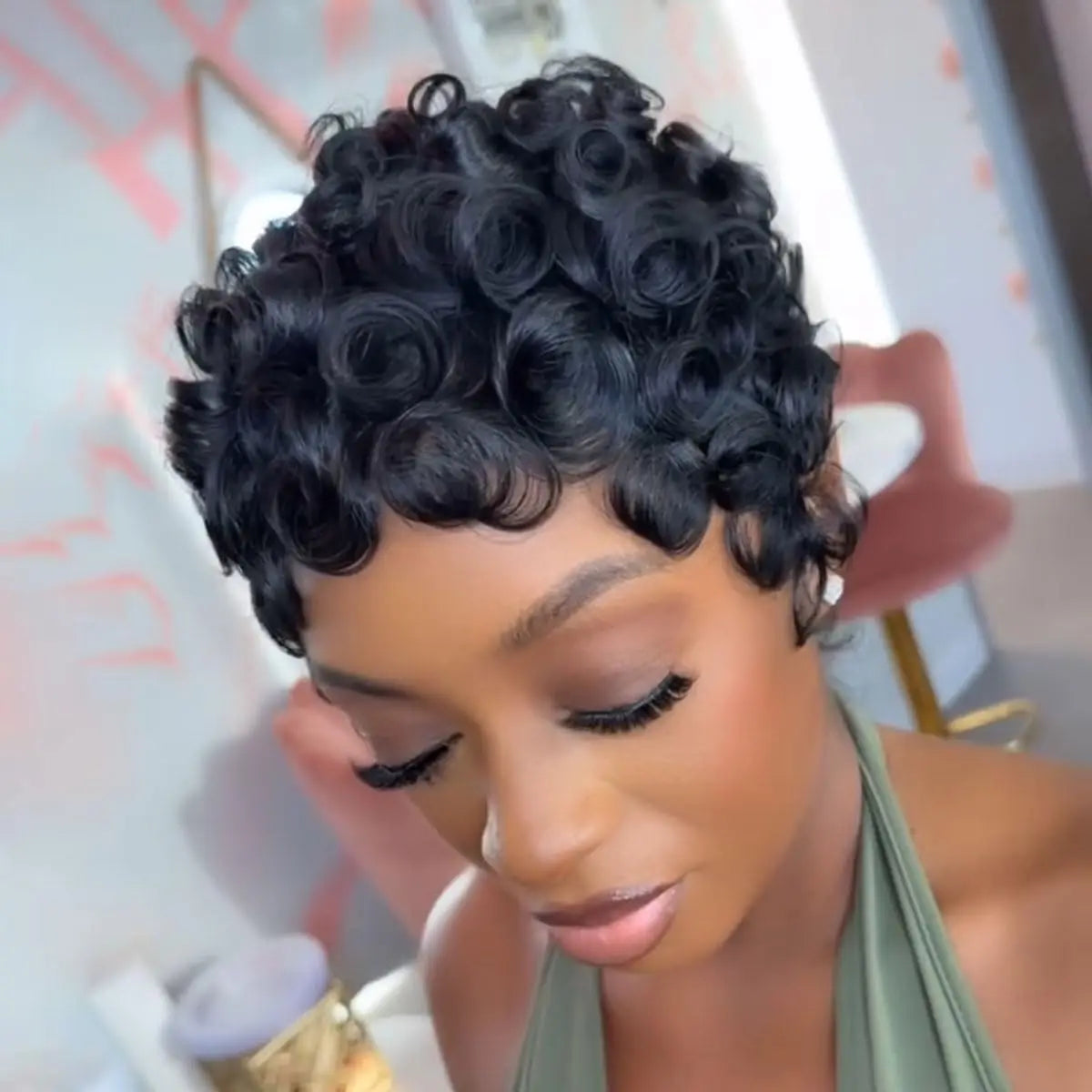 Natural Black Brazilian Curly Pixie Cut Human Hair Wig, Glueless Short Layered Wig With Bangs, Comfortable Breathable Real Human Hair, Easy Wear No Glue Design, Stylish Hairstyle Accessory for Women Daily Party Travel Photogr