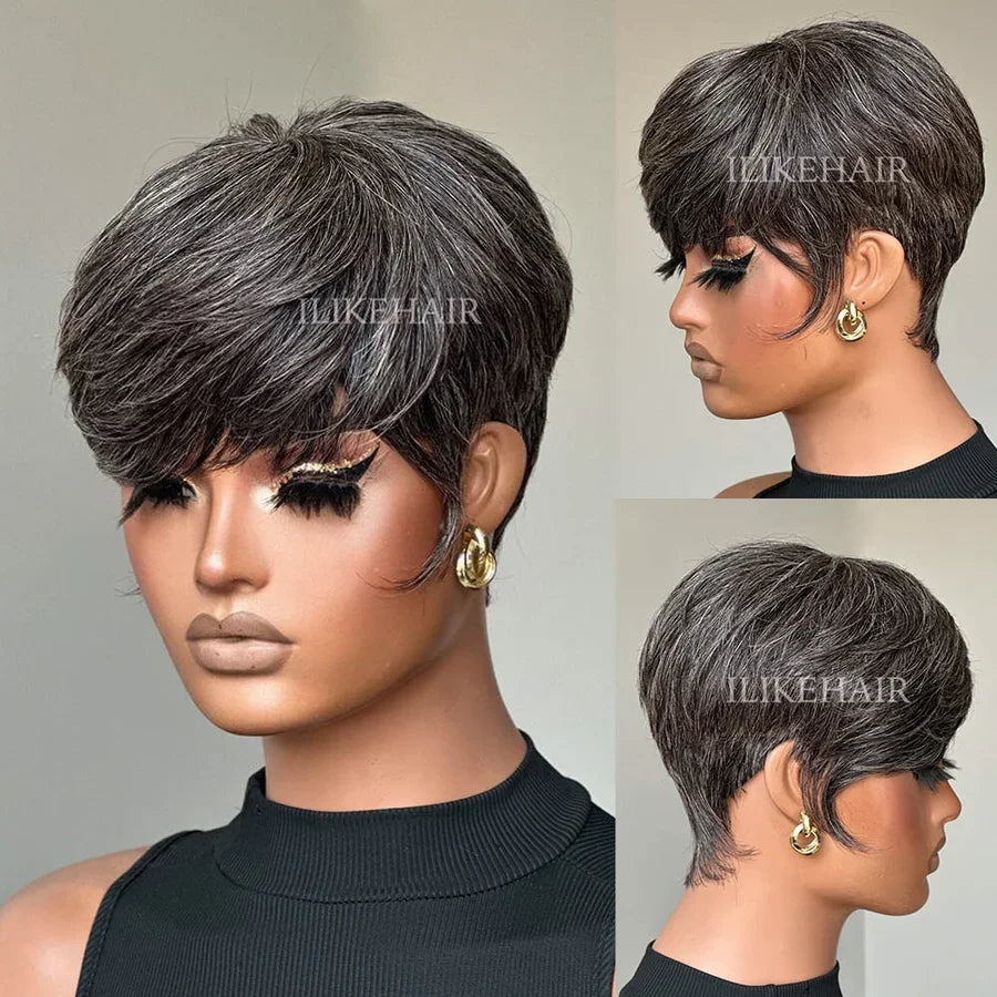 Smoky Gray Pixie Cut Glueless Human Hair Wig,Full Machine Made Short Hair Wig Pre Plucked Natural Hairline Soft Smooth Easy Wear Daily Dating Outdoor Party Trendy Stylish Hair Wig