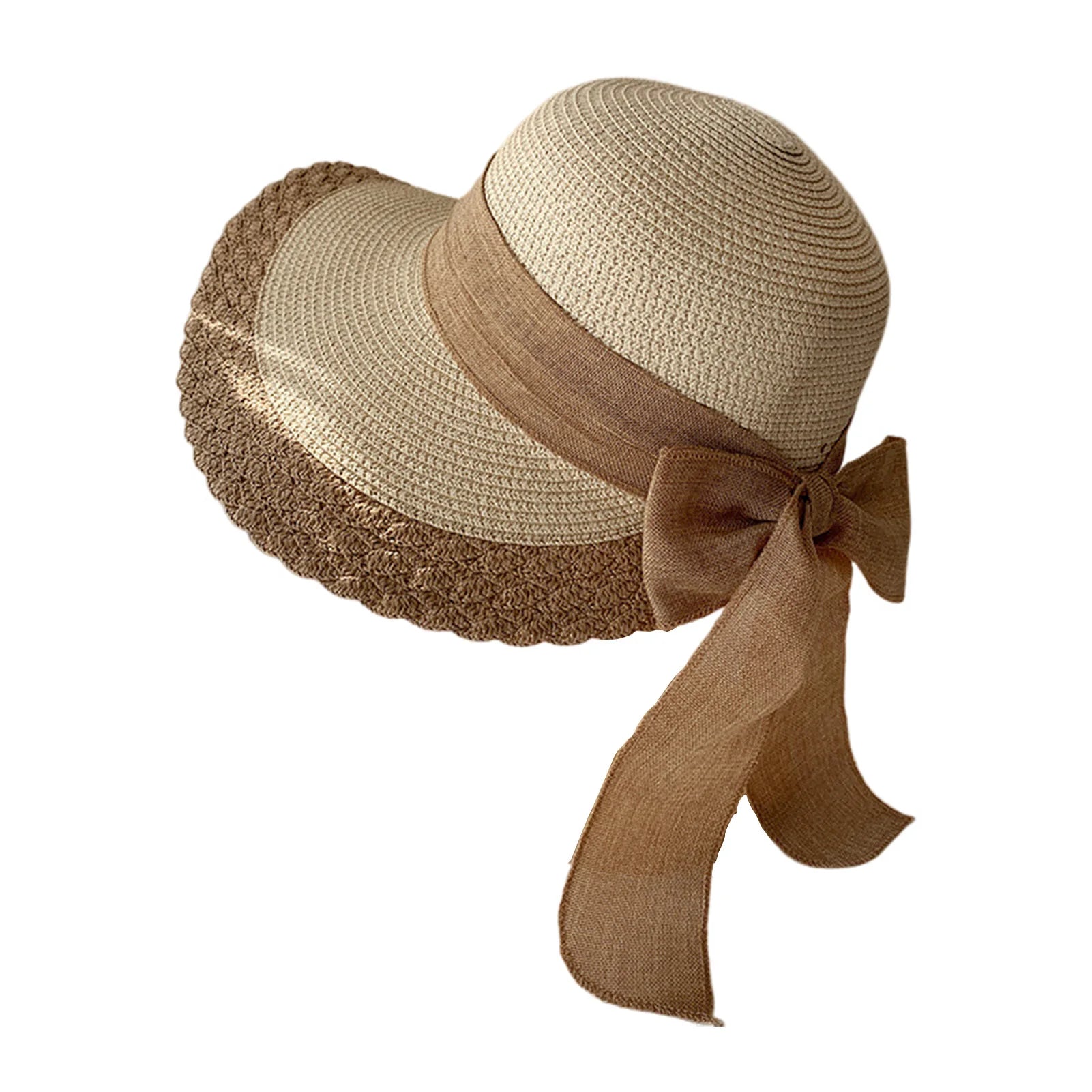 Sombreros de paja de ala ancha para mujer, diseño de borde de encaje, gorras de playa con lazo para deportes al aire libre, senderismo y viajes