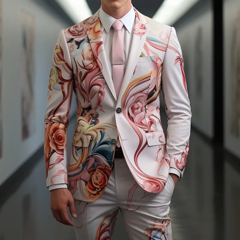 Traje casual de hombre, abrigo y pantalón con estampado digital de exquisitas rosas, para cosplay, fiesta, escenario o discoteca