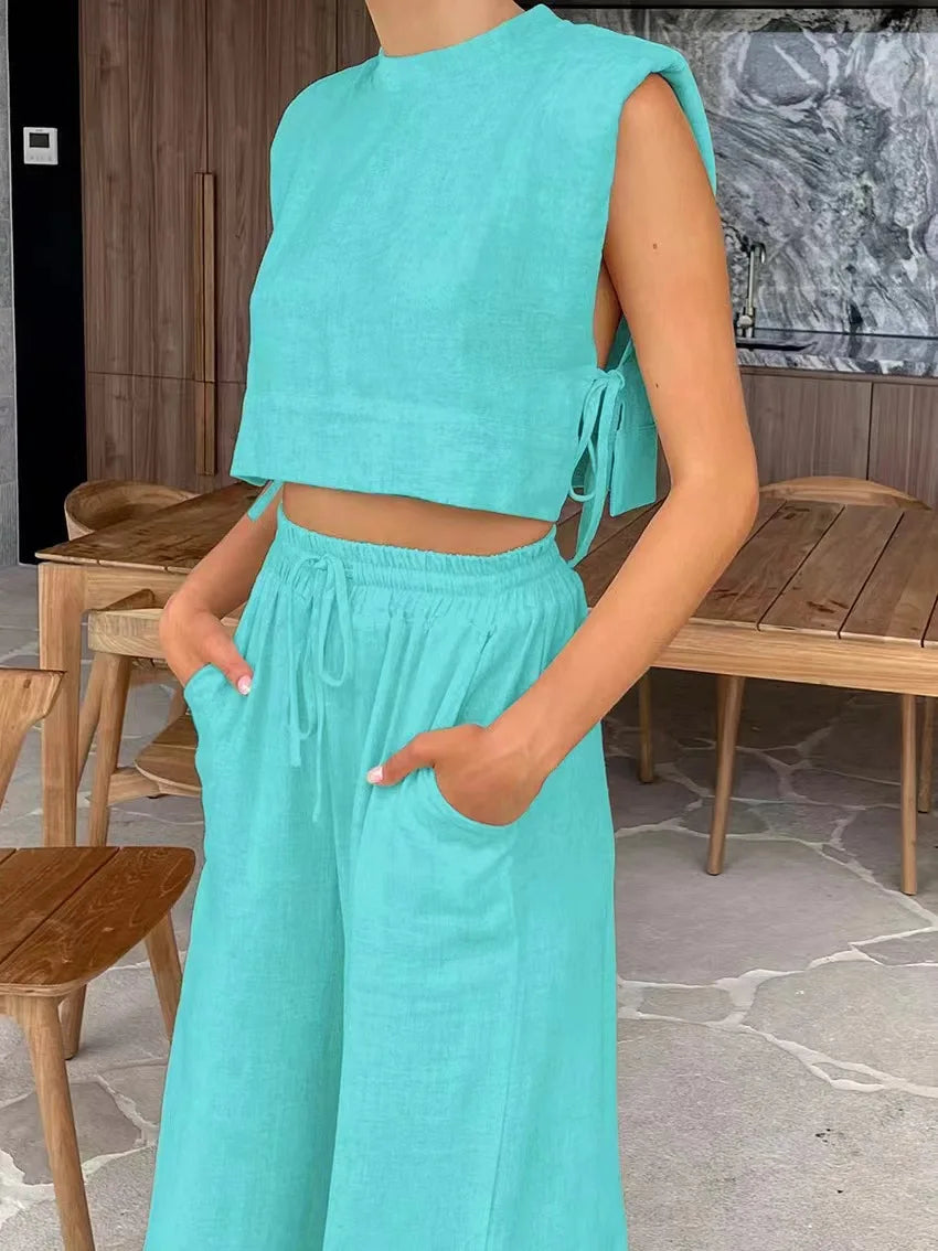 Cotton And Linen Pant Sets Women Sleeveless Leace-up Short Tops Drawstring Long Pants Two Piece Set Commuting 2025 Summer New