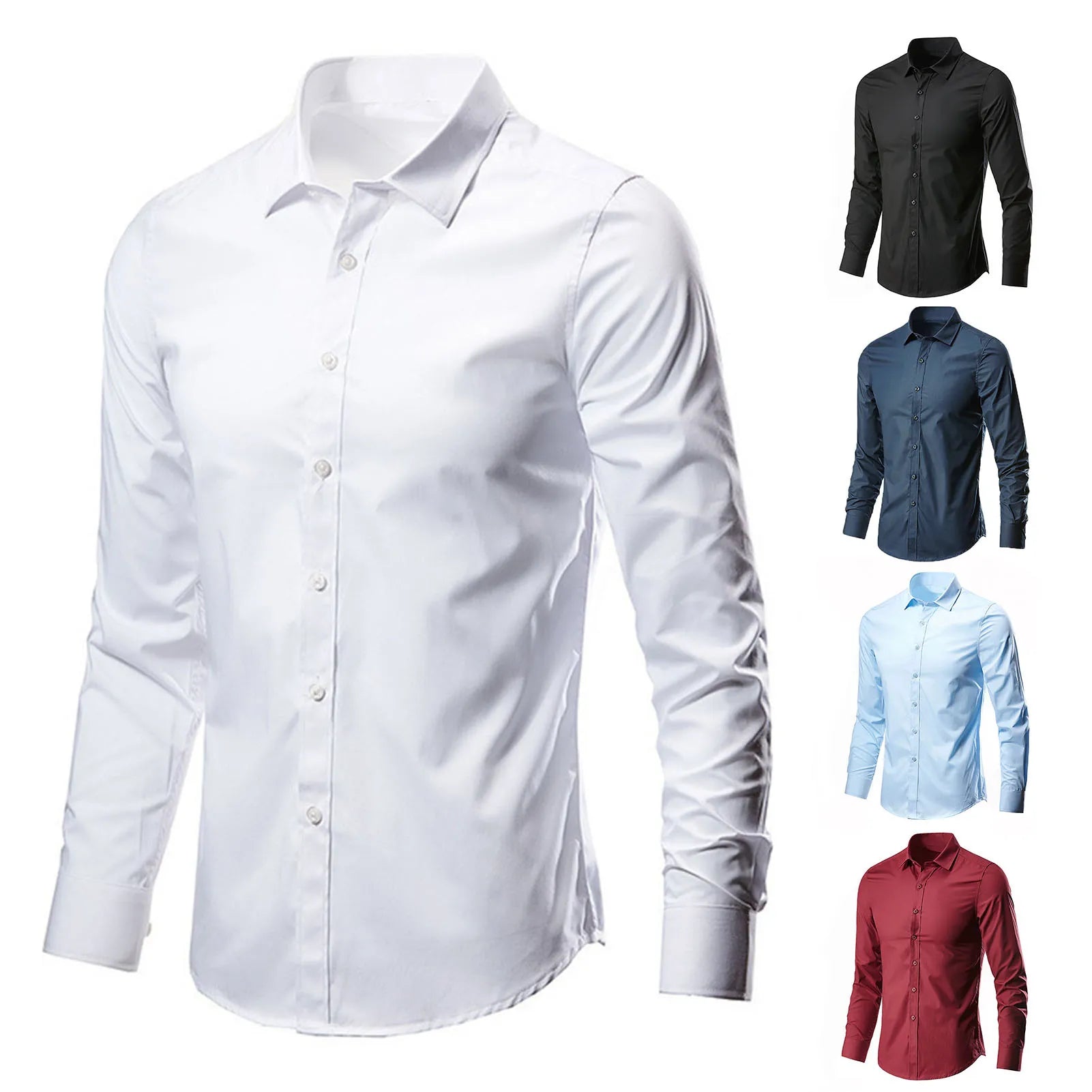 Camisa de vestir de negocios para hombre, de lujo, informal, social, formal, con solapa, manga larga, corte ajustado, color liso