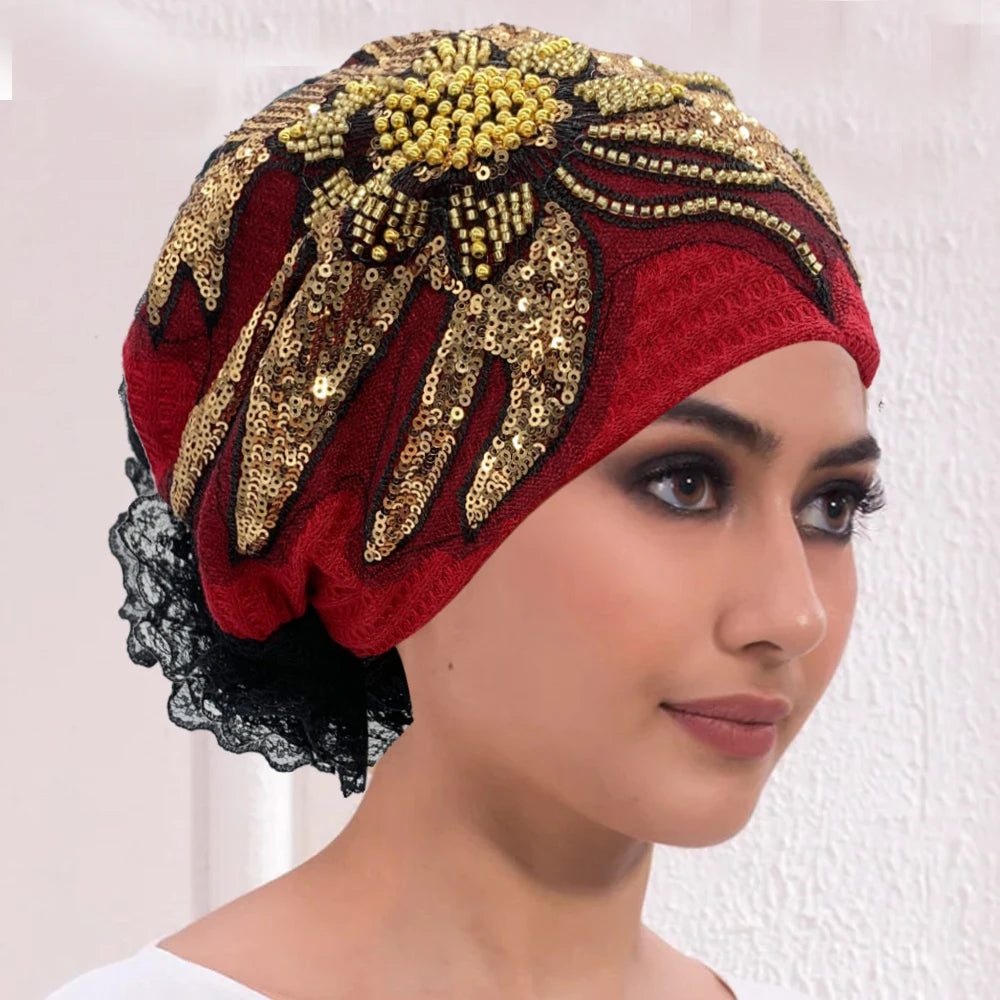 Sombrero turbante de encaje floral con diamantes de lujo, transpirable, pañuelo, gorro, envolturas para la cabeza, gorro de punto para mujer, cubierta para el cabello