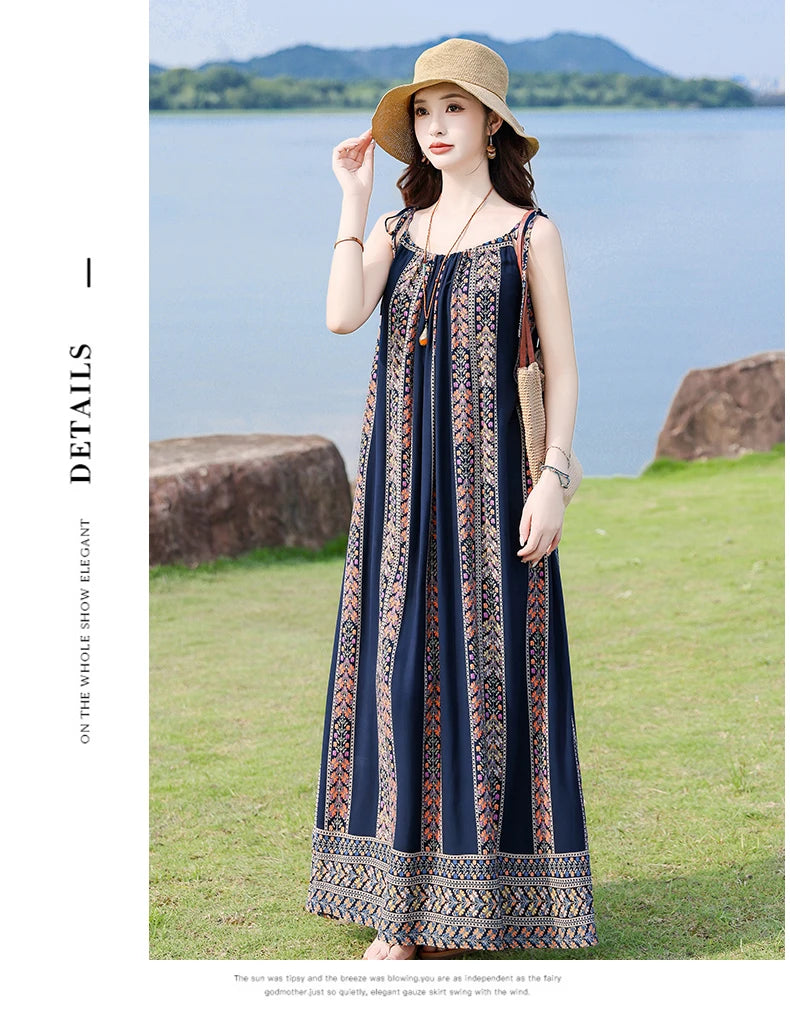 New Fashion Hot Summer Dresses For Women Casual Flower Print Floral Sleeveless Dress Vintage Dress Loose Women Clothing