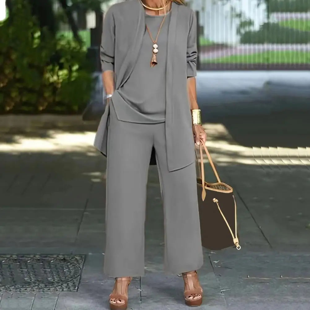 Dameklær Stilig 3-delt buksesett med langermet cardigan, vest med o-hals, vide benbukser, høst- og vårantrekk