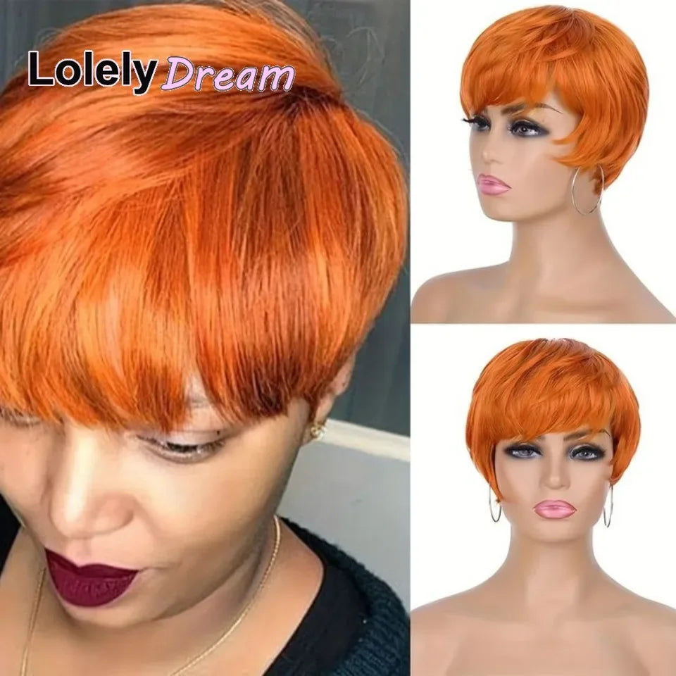 Peluca Lolely Dream Corta Naranja Jengibre 100% Cabello Humano con Flequillo, Peluca Lisa Remy Hecha a Máquina, Peluca Bob con Capas, Corte Pixie para Mujeres