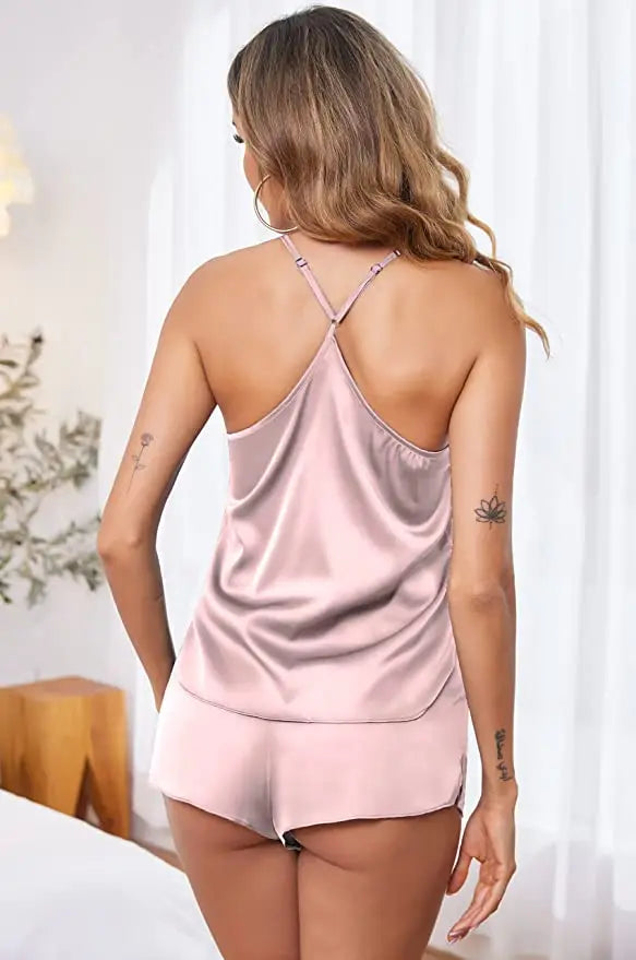Conjuntos de pijama de satén y encaje sexy para mujer, ropa de dormir, tops sin mangas + pantalones cortos, conjuntos de 2 piezas de pijama para mujer