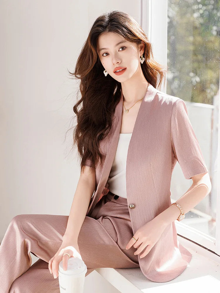 Damebuksedress med belte Sommer Kortermet V-hals Blazer og bukser Sett Elegant Kontorarbeidstøy Lilla Mote 2025