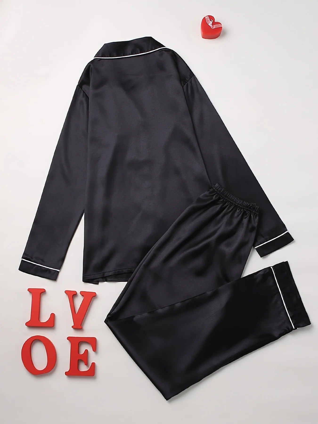 Conjunto de pijama liso de manga larga con botones y cuello tipo solapa, top y pantalones, conjunto de ropa de dormir y de estar para mujer